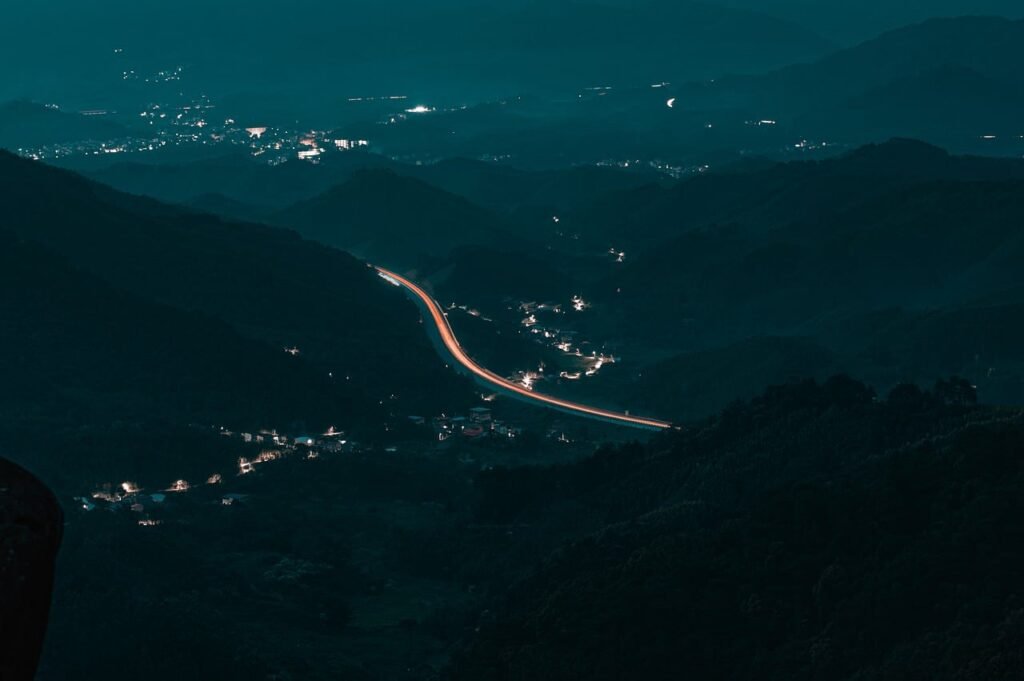 night landscape, mountains, nature, highway, light trail, landscape at night, hilly area, city lights, road lights, panoramic
