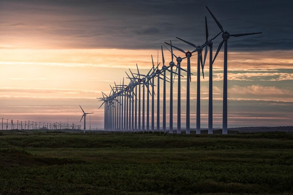 wind power generation, windmills, wind energy, sunset, renewable energy, landscape, nature, evening, coastal area, meadow, ho