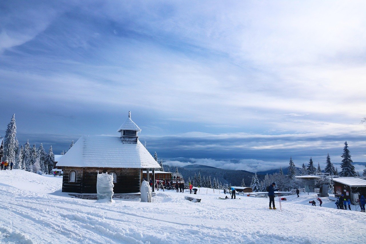 chapel, snow, mountain, town, buildings, people, winter, cold, tourism, snowy, alpine, alps, winter landscape, landscape, nat