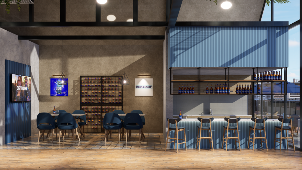 Contemporary bar interior with blue seating and lighting setup.