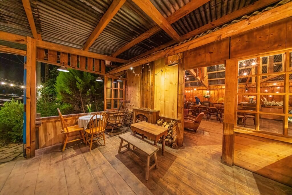 Simple lodge restaurant interior in rural Kenya during the evening