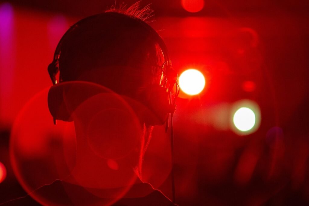 headphones, man, light, music, sound, listen, audio, dj, red light, flare, club, bokeh, headphones, headphones, headphones, h