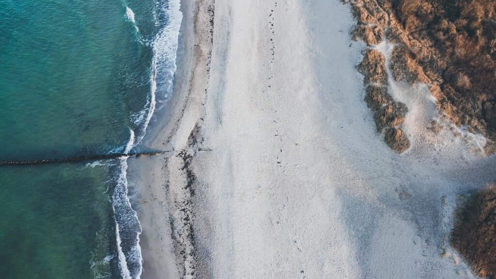 beach, drone image, aerial view, drone, coast, nature, germany, baltic sea, sea, ocean, sand, waves