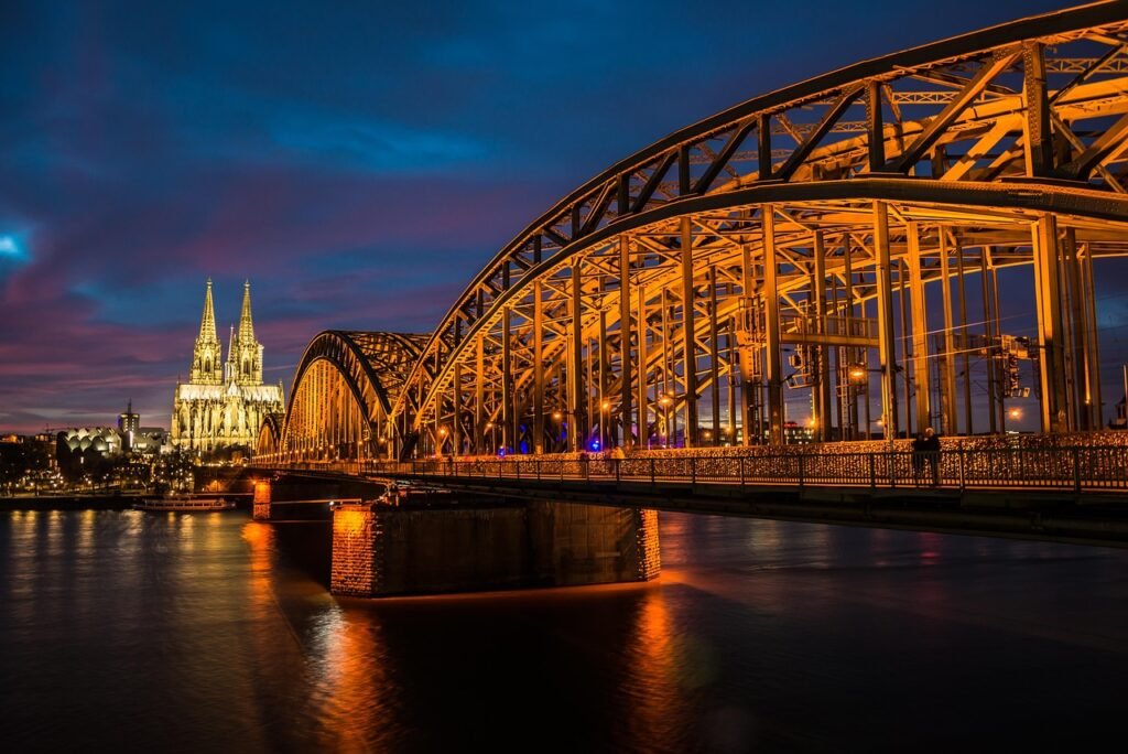 bridge, river, architecture, infrastructures, illuminated, city, urban, rhine river, cologne, rhine, night sky, dom, cathedra
