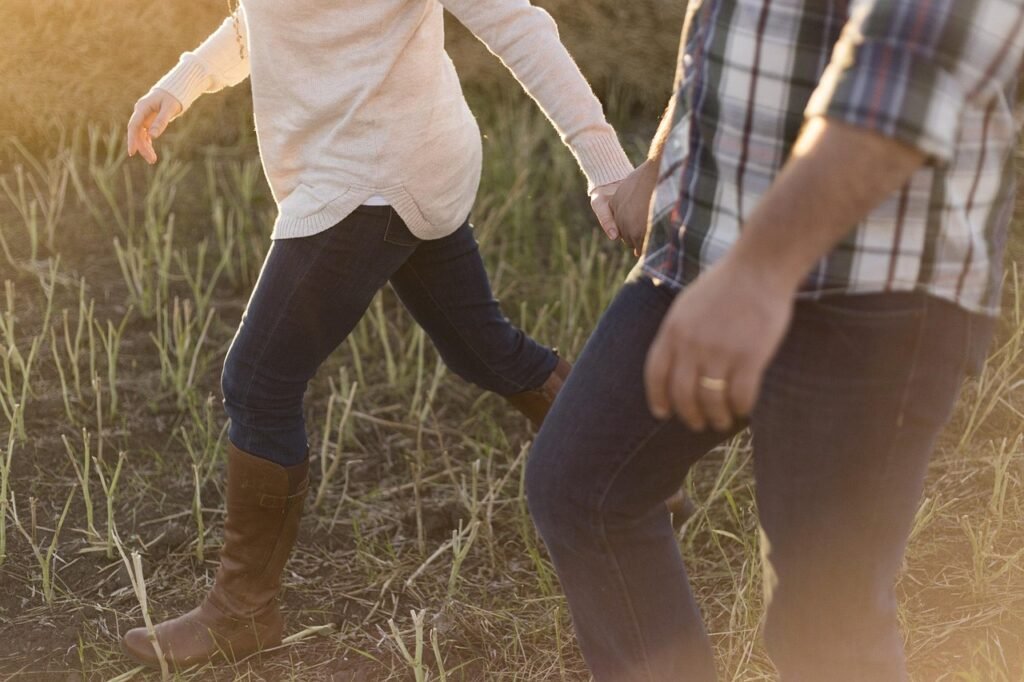 adult, couple, walking, boots, countryside, girl, grass, leisure, lifestyle, man, outdoors, people, recreation, summer, toget