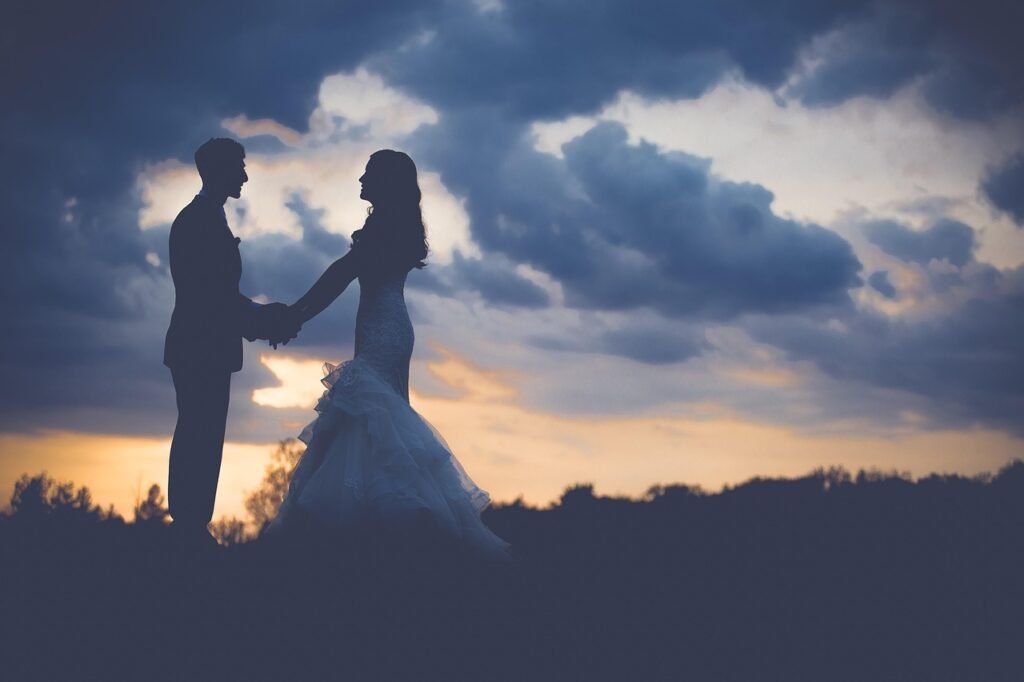 couple, wedding, dawn, dusk, love, man, outdoors, people, silhouette, sky, sunrise, sunset, together, nature, blue love, blue