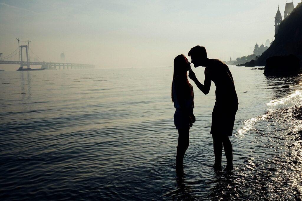 couple, silhouette, kiss, nature, beach, sunset, love wallpaper