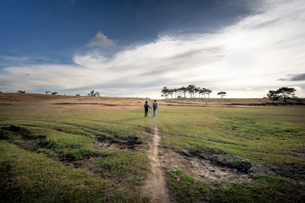 A couple walking hand in hand on a dirt path surrounded by open fields and trees under a blue sky.