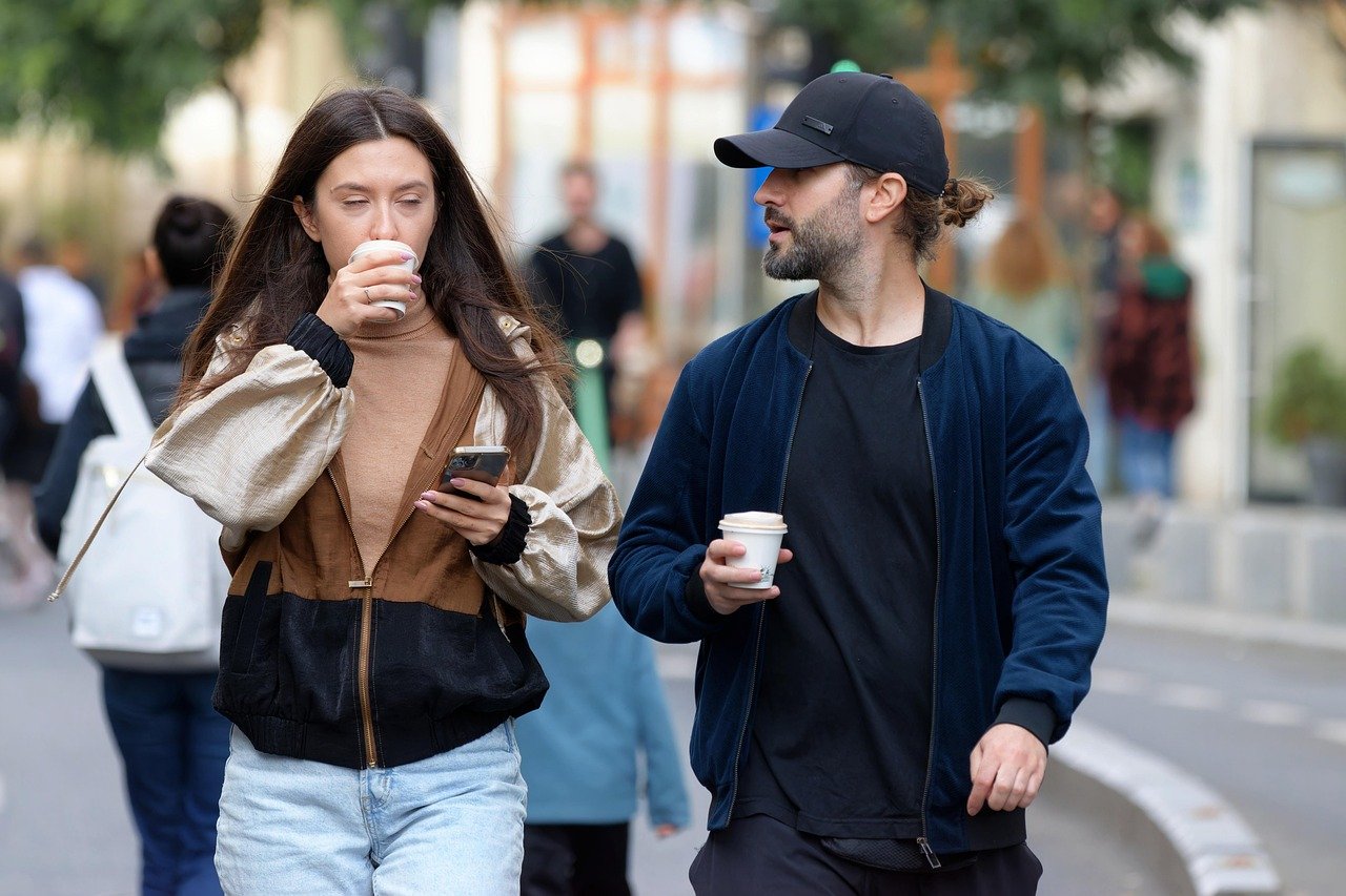 people, couple, walking, together, pedestrian, outdoor, town, urban, glasses, coffee, promenade, the street, lifestyle, relax