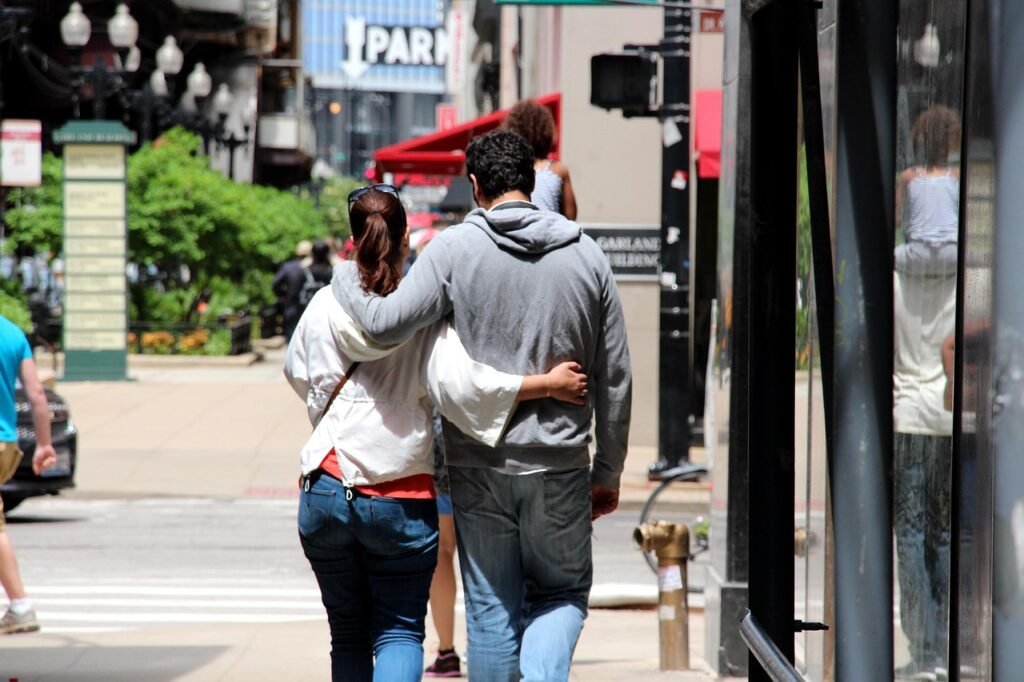 couple, people, girl, man, walking, street, road, building, town, park, glass