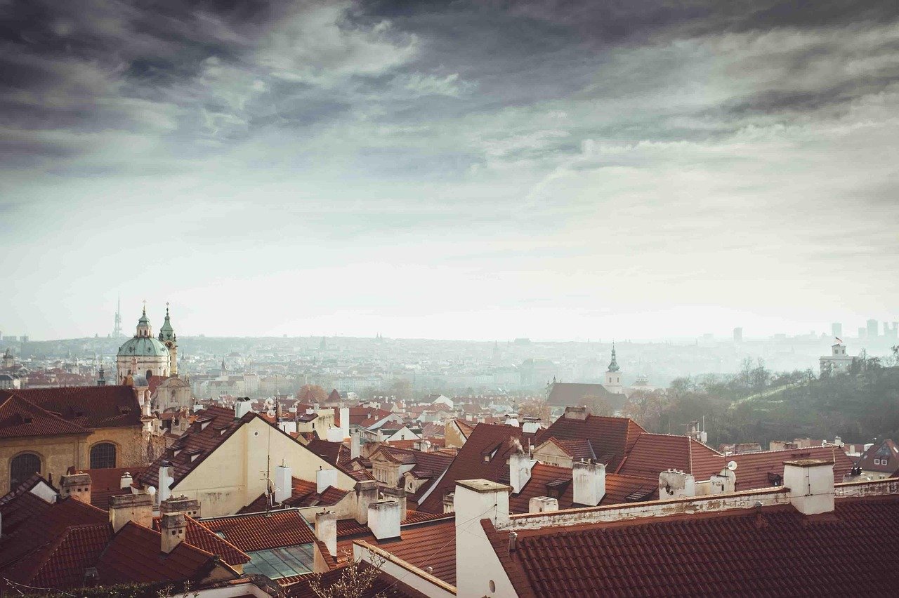 city, sky, clouds, prague, czech republic, nature, roofs, view, houses, building, old town, romance, bohemia, morning