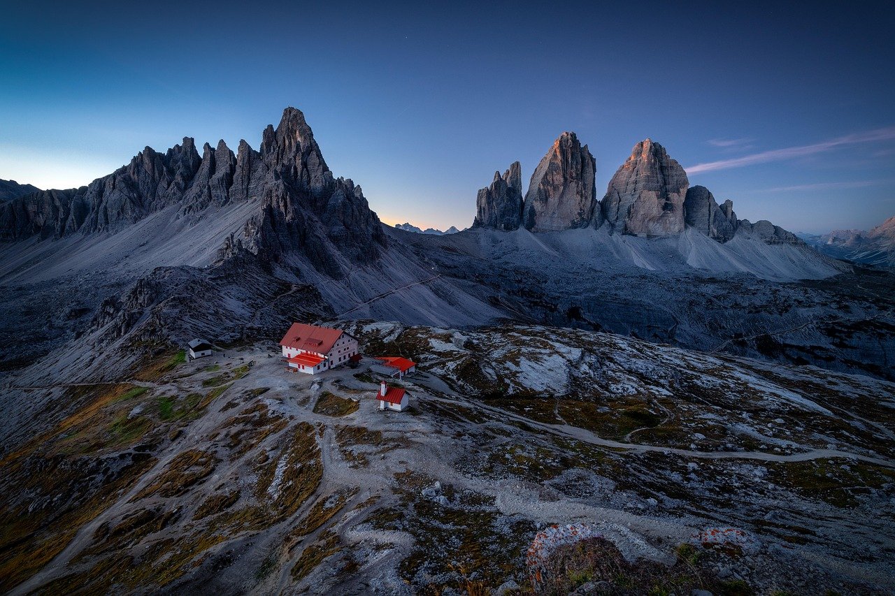 mountains, peak, aerial view, dolomites, italy, shelter, nature, house, landscape