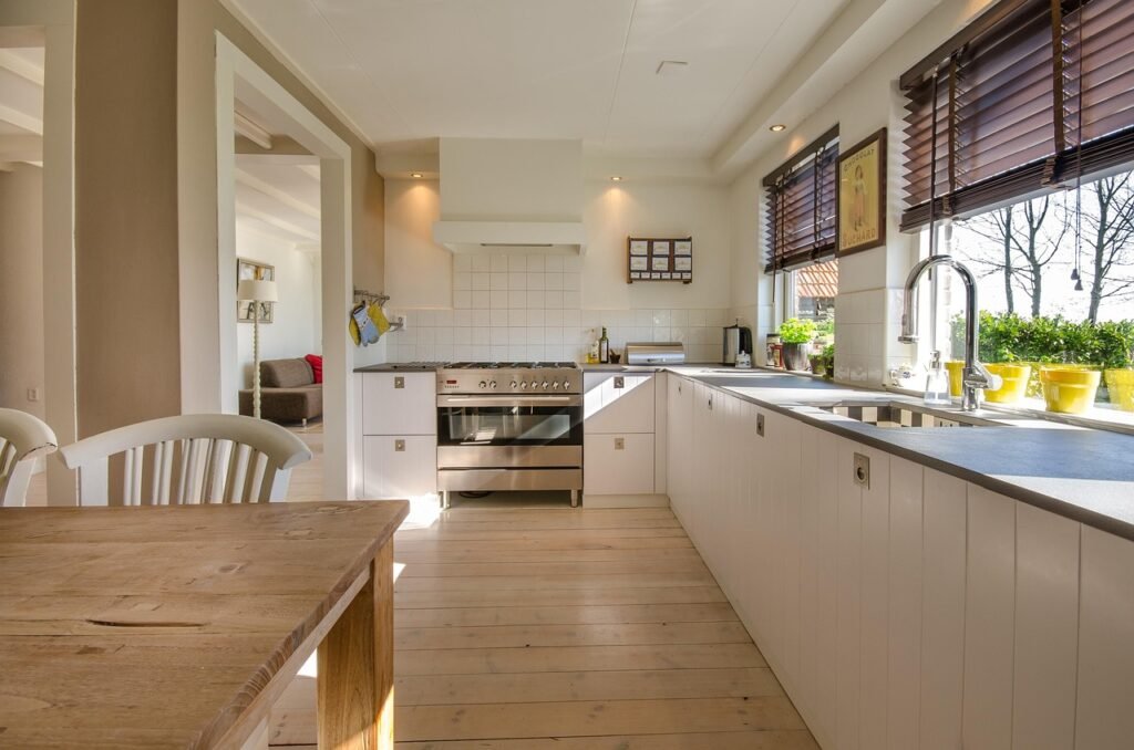 kitchen, home, interior, modern, room, floor, furniture, counter, wood, living, kitchen interior, residential, table, brown h