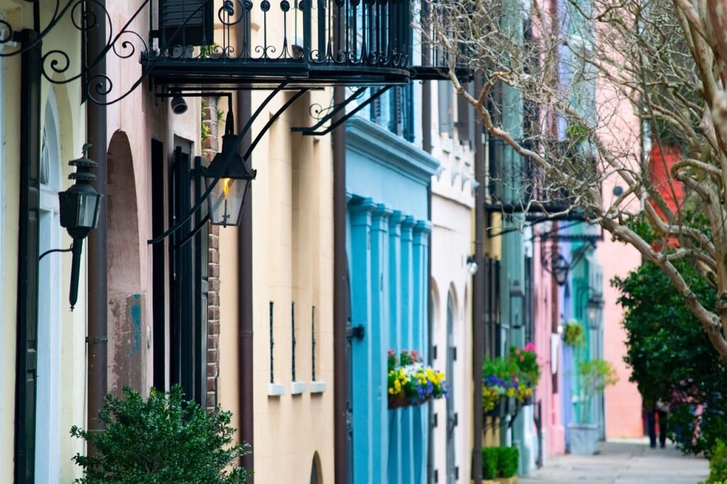 charleston, rainbow row, historic, landmark, architecture, america, tourism, city, travel, old, buildings, brick, historical,