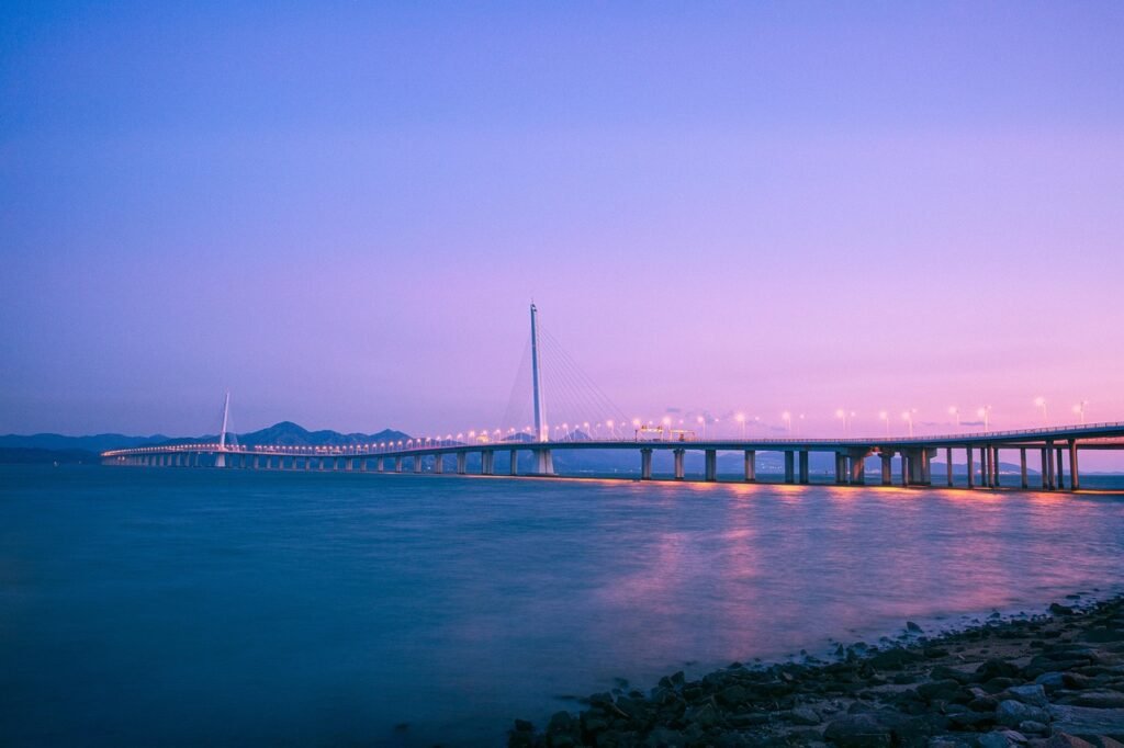 bridge, sea bridge, twilight, light, street lamp, the sea, coastal, shenzhen bay, china