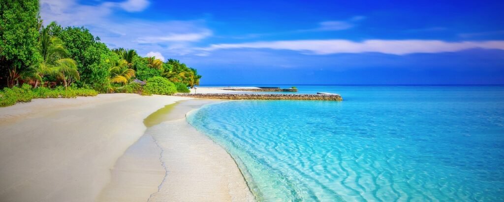 beach, sea, panorama, panoramic, blue sea, blue ocean, horizon, nature, seascape, tropical, tropical island, shore, seashore,