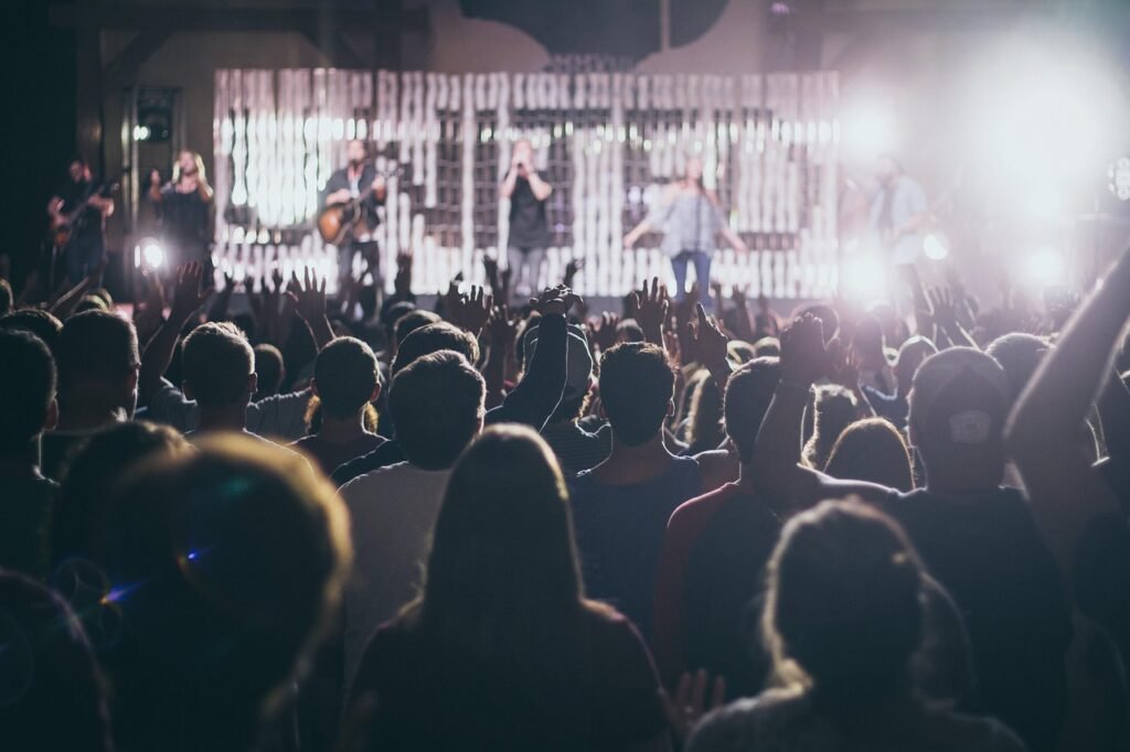 audience, band, club, concert, crowd, dancing, entertainment, festival, group, lights, music, musician, nightlife, party, peo
