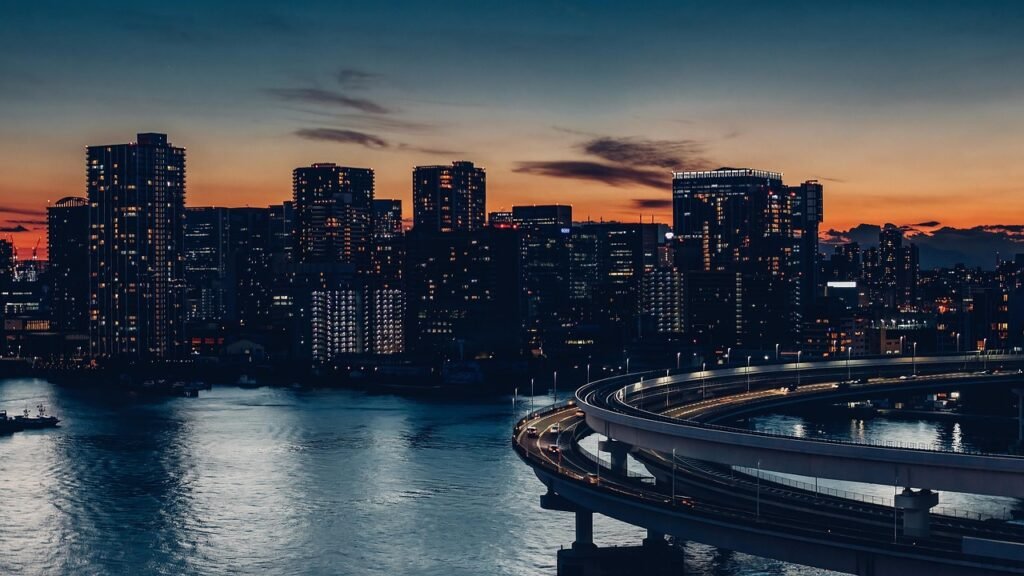 city, bridge, evening, twilight, bay, rainbow bridge, tokyo, landmark, road, highway, skyline, skyscrapers, buildings, lights