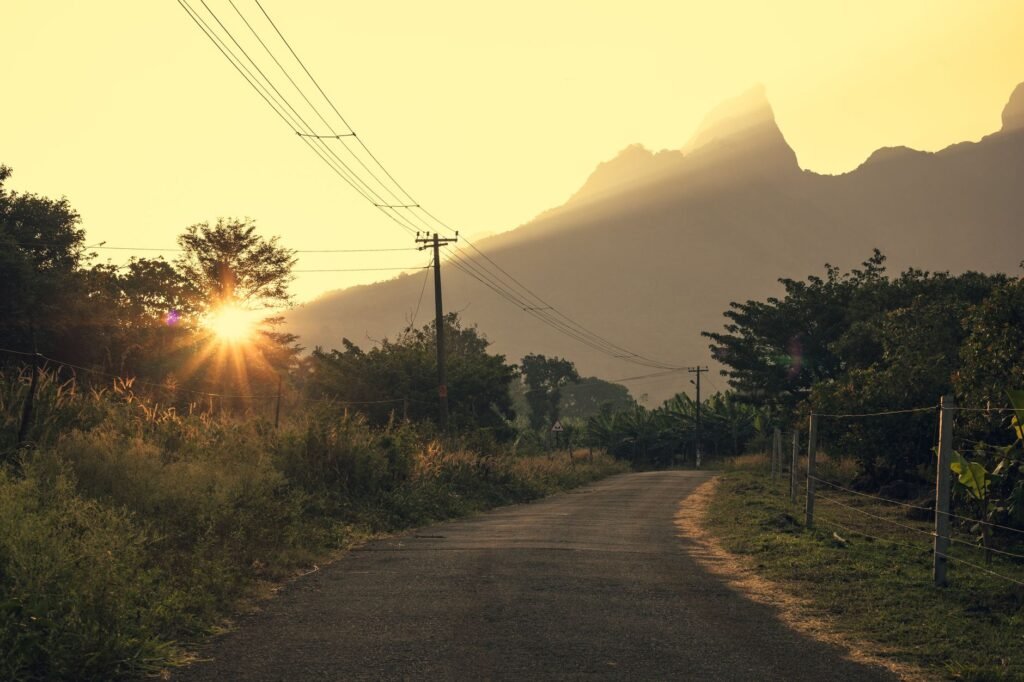 Rural road in Kilifi County at golden hour with acacia trees and red earth