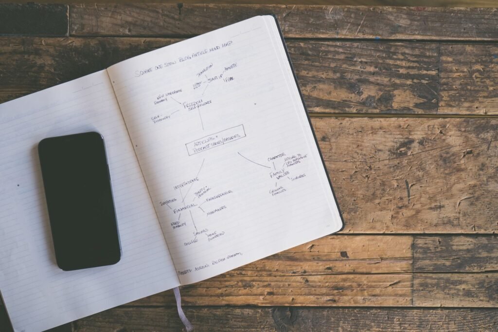 Smartphone and notebook on a table, used for planning a booking message