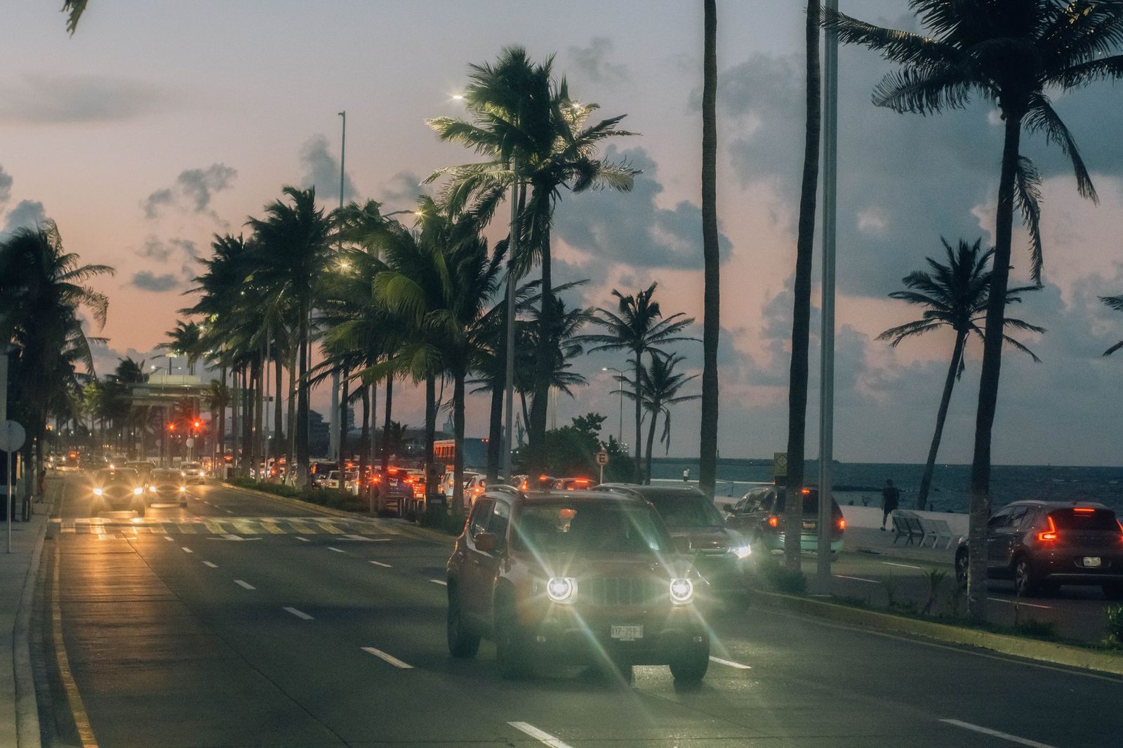 Evening street in Nyali, Mombasa, with palm trees and warm streetlights