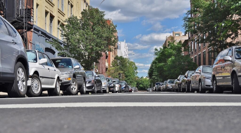 parking, street, cars, city, gray car, gray city, gray street, gray park