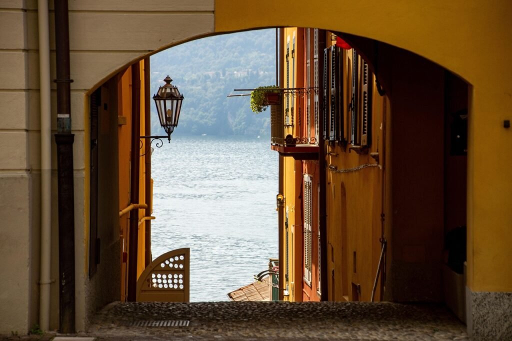 house, nature, building, alleyway, corridor, lake, lantern, lamp, frame