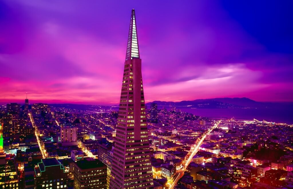 transamerica pyramid, skyline, city, cityscape, buildings, skyscraper, urban, urban landscape, metro, metropolitan, city ligh