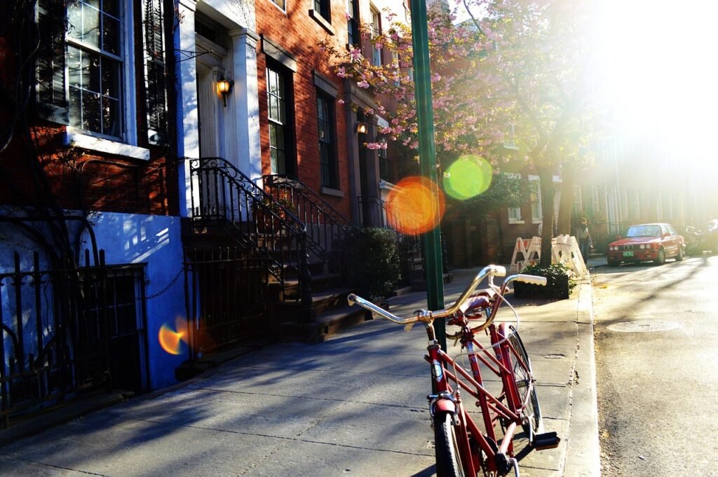 bike, nature, street, neighborhood, sunset, greewitch village, new york
