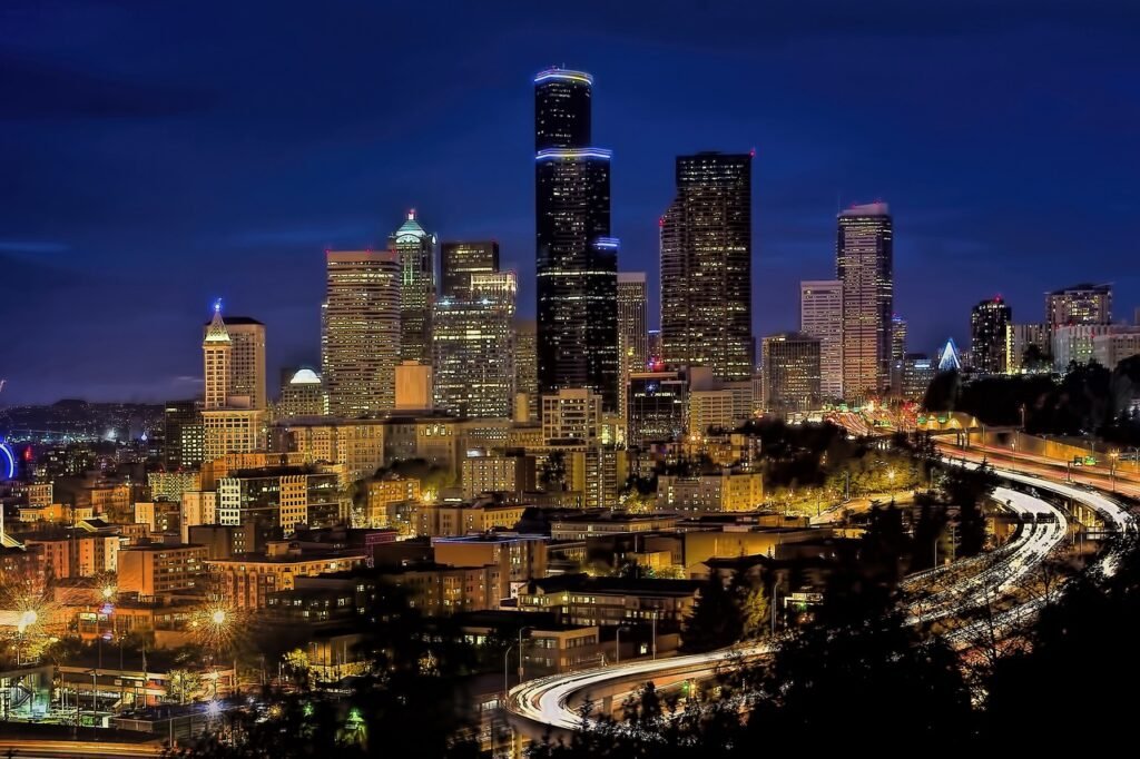 buildings, city, illuminated, city lights, cityscape, skyline, downtown, seattle, urban, night sky, urban landscape, city, ci