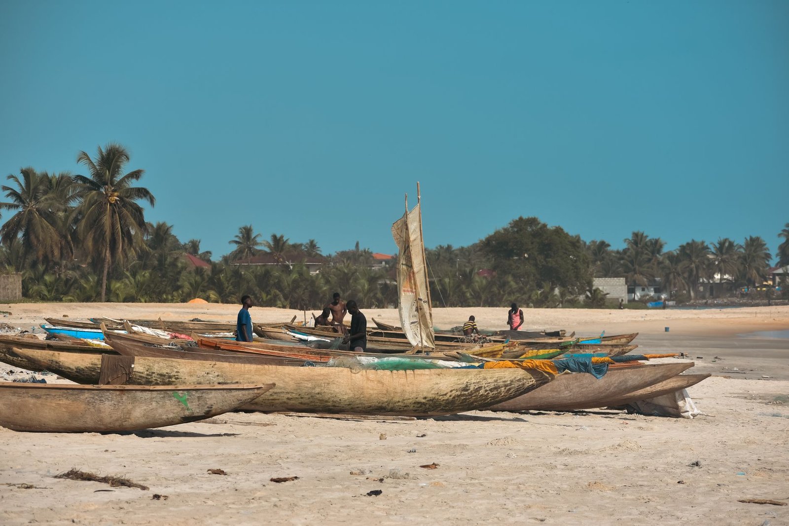 Traditional wooden boats lined up on a tropical beach, perfect for leisure and exploration.