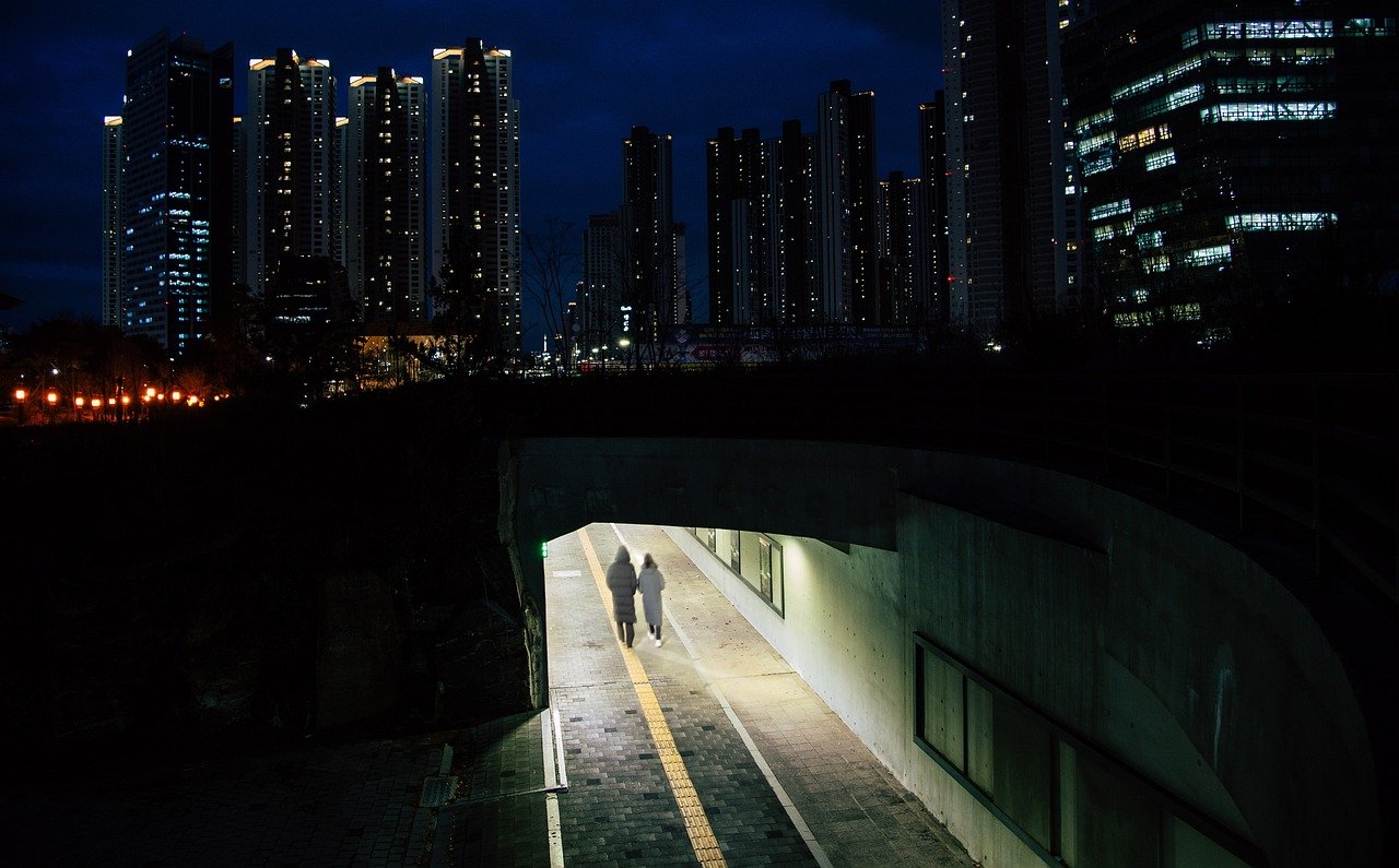 underpass, city, evening, road, passage, tunnel, skyscrapers, buildings, skyline, cityscape, lights, night, city, tunnel, tun