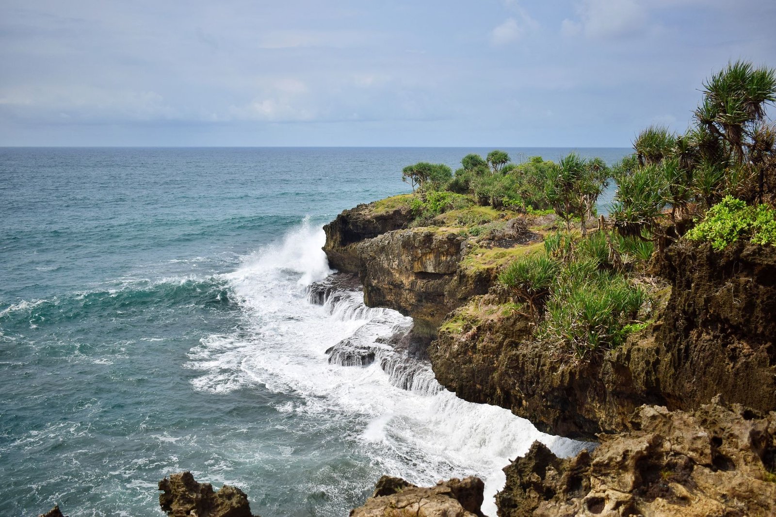 Panoramic view of ocean waves crashing against a rocky cliff with lush green vegetation, showcasing nature's power and beauty