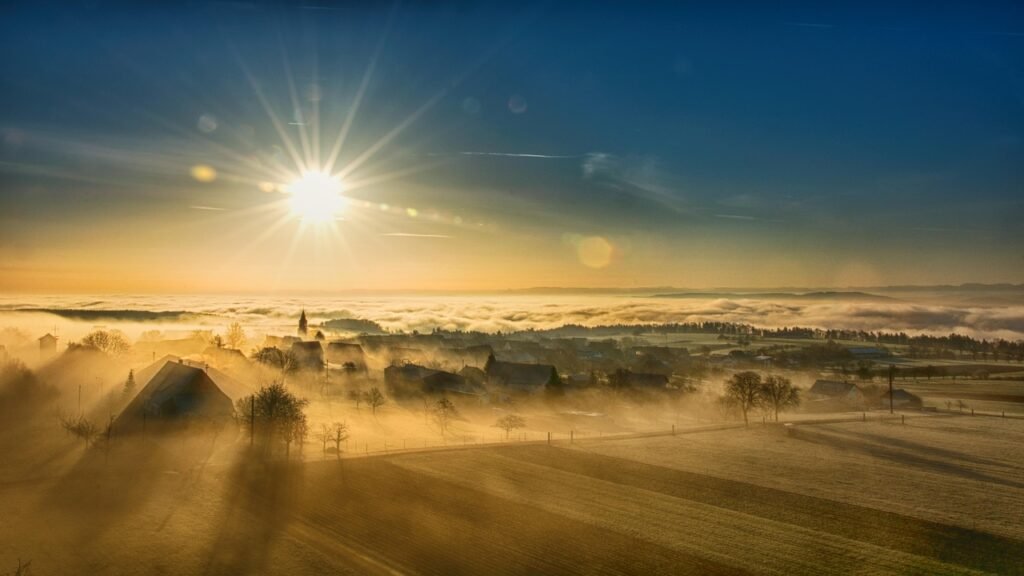 village, sunlight, fields, town, townscape, fog, landscape, nature, foggy, haze, misty, sunrise, morning fog, horizon, sunris