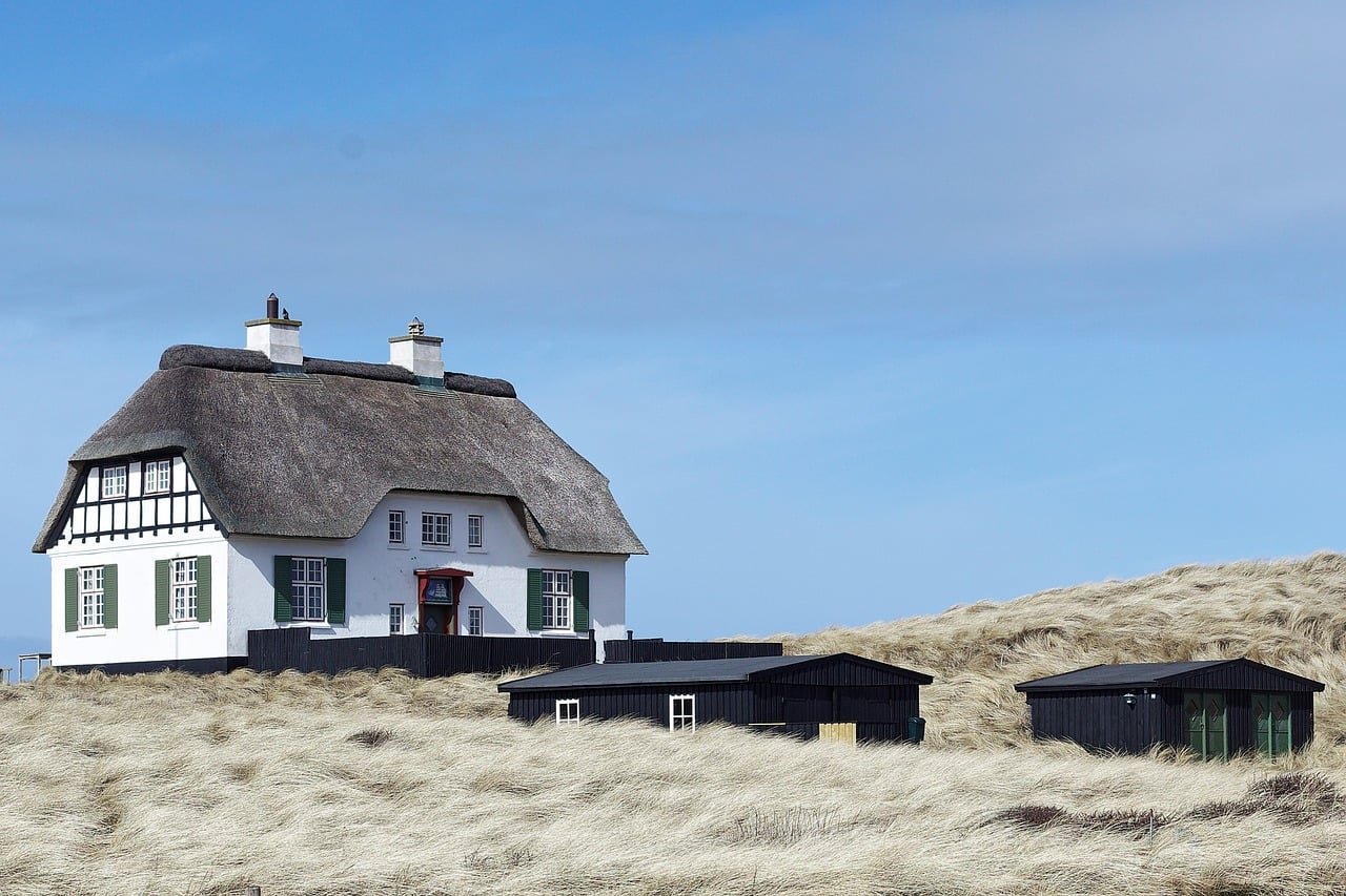 house, thatched roof, dune, sky, north sea, sunny, denmark, sand, architecture, coast, cottage, traditional, blue sky, touris