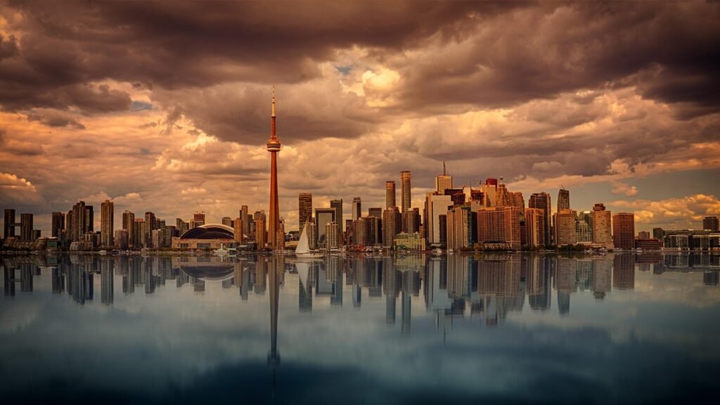 toronto, skyline, sunset, dawn, panorama, canada, sky, clouds, nature, skyscrapers, cityscape