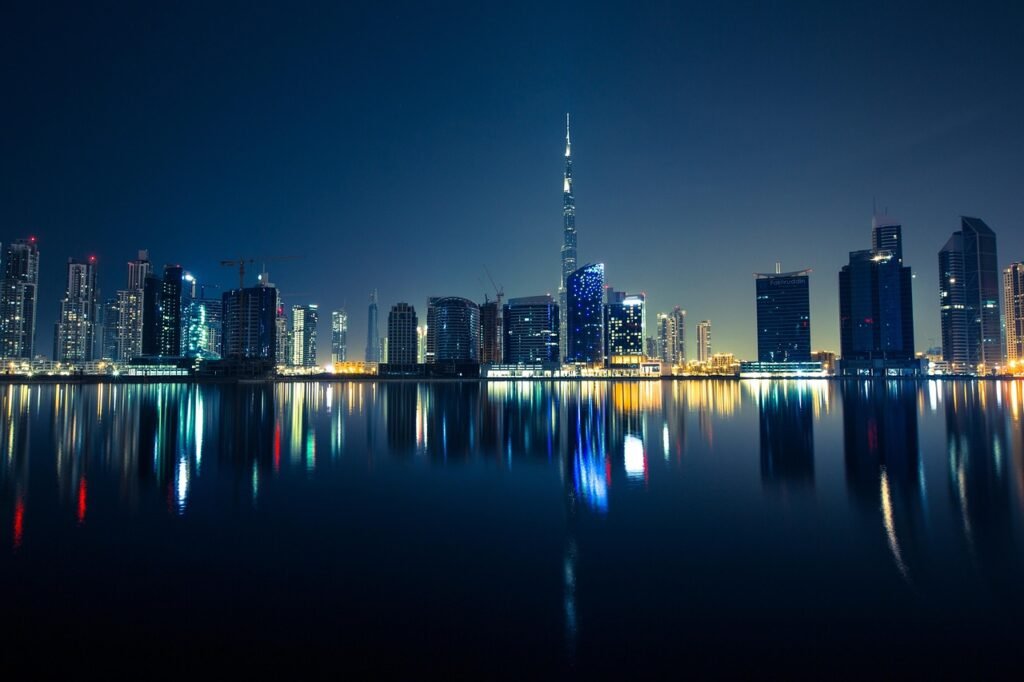 buildings, illuminated, water, waterfront, skyscrapers, skyline, city lights, cityscape, city view, nature, urban, urban land