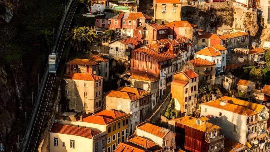 porto, portugal, city, urban, neighborhood, rooftops, houses, homes, apartments, cityscape, incline railway, rail, travel, tr