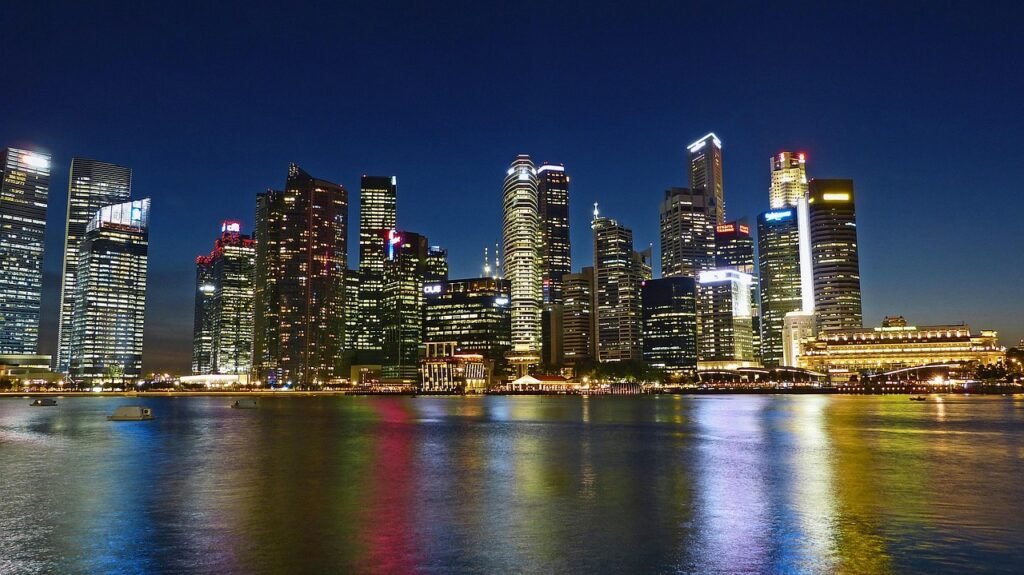 skyline, cityscape, buildings, skyscrapers, illuminated, city lights, city, waterfront, office buildings, financial district,