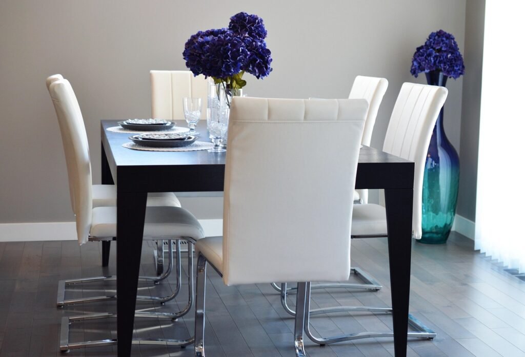dining room, table, chairs, home, interior, furniture, luxury, dinner, decor, residential, residence, upscale, elegant, white