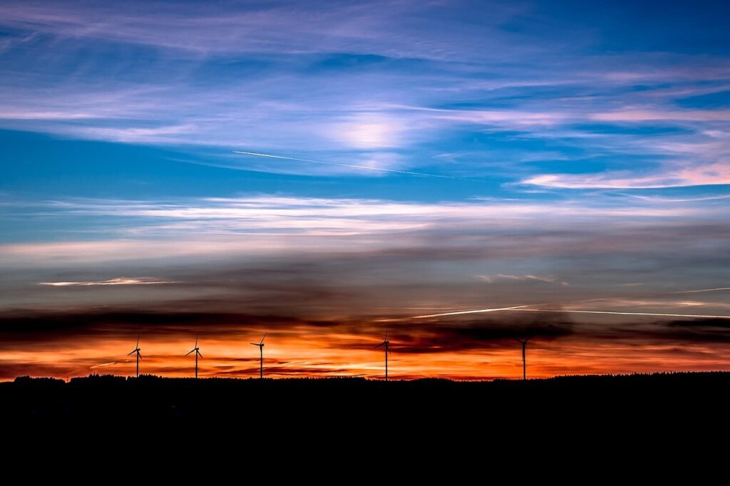 sunset, silhouettes, dusk, twilight, sky, wind energy, cirrus, cirrus clouds, renewable energy, wind power, setting sun, wind