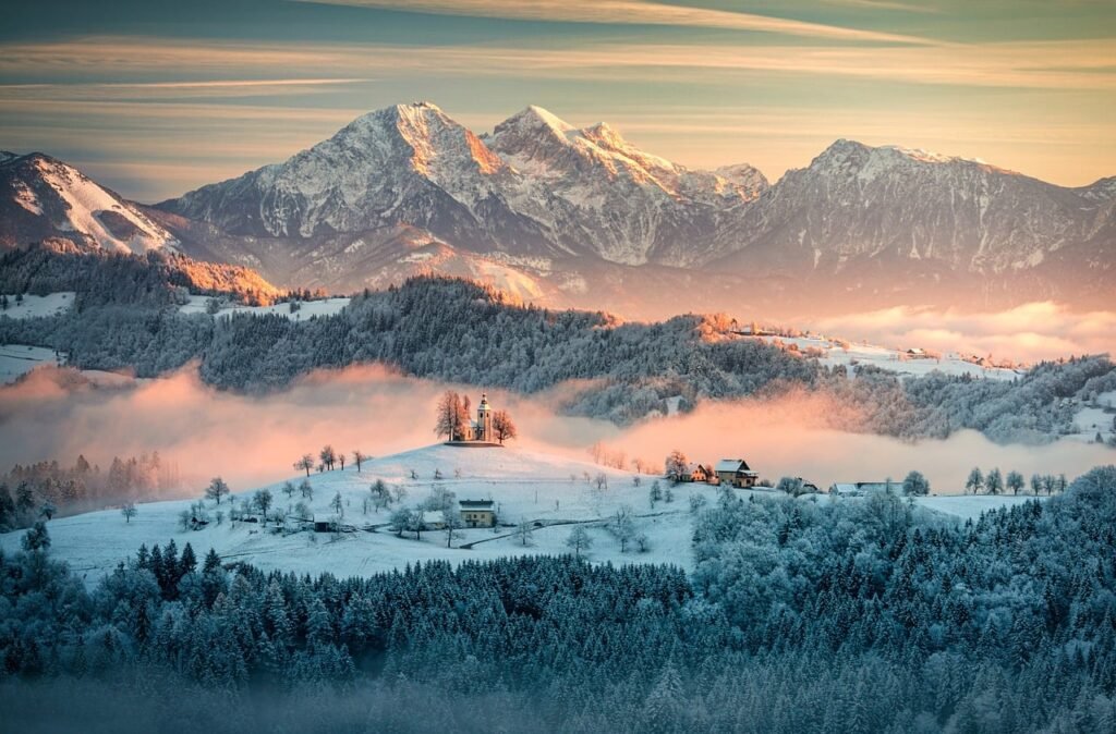 slovenia, morning, winter, sunrise, snow, landscape, nature, mountains, cold, trees, fog, beautiful, winter landscape, view,