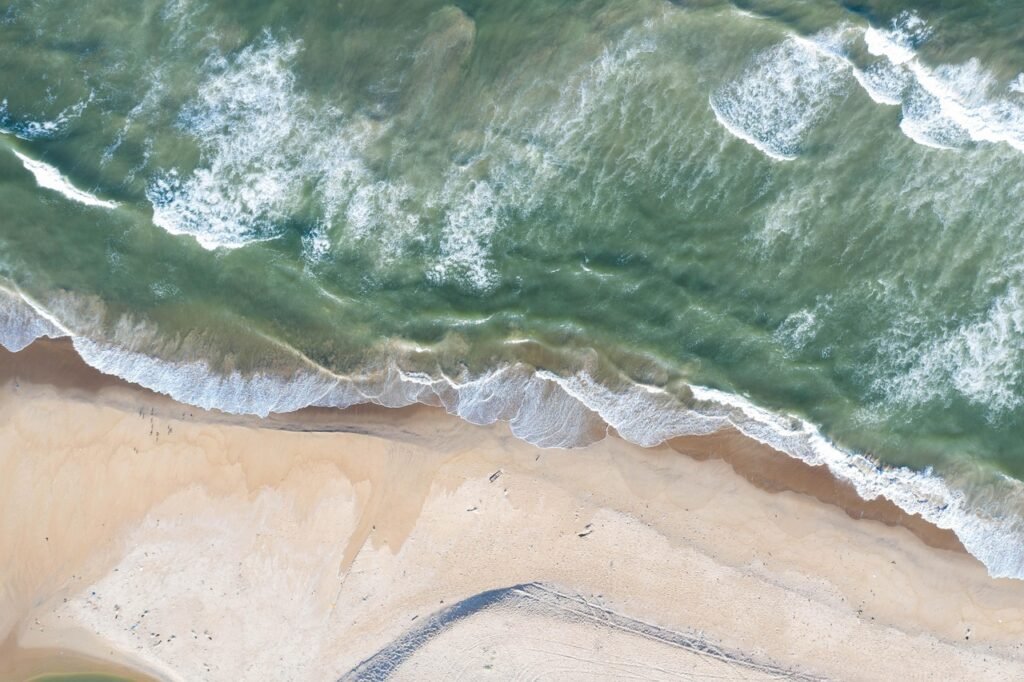 beach, aerial, wave, nature, view, aerial nature, landscape, drone, travel, chennai beach, ocean, tamil, indian beach