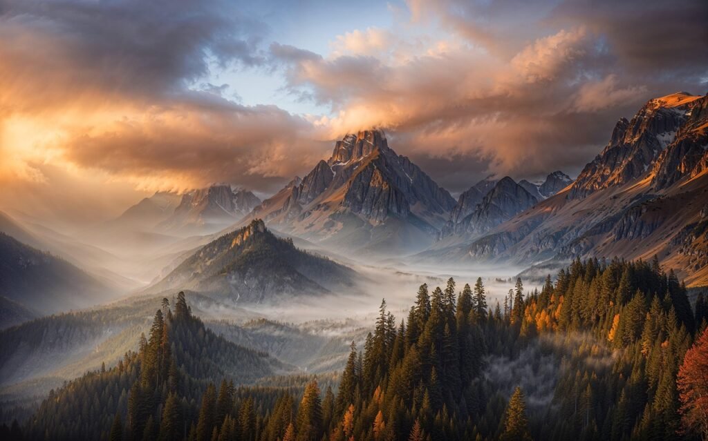 forest, dawn, dusk, mountains, mist, sunlight, sunset, valley, pine trees, dramatic, majestic, clouds, landscape, nature, ai