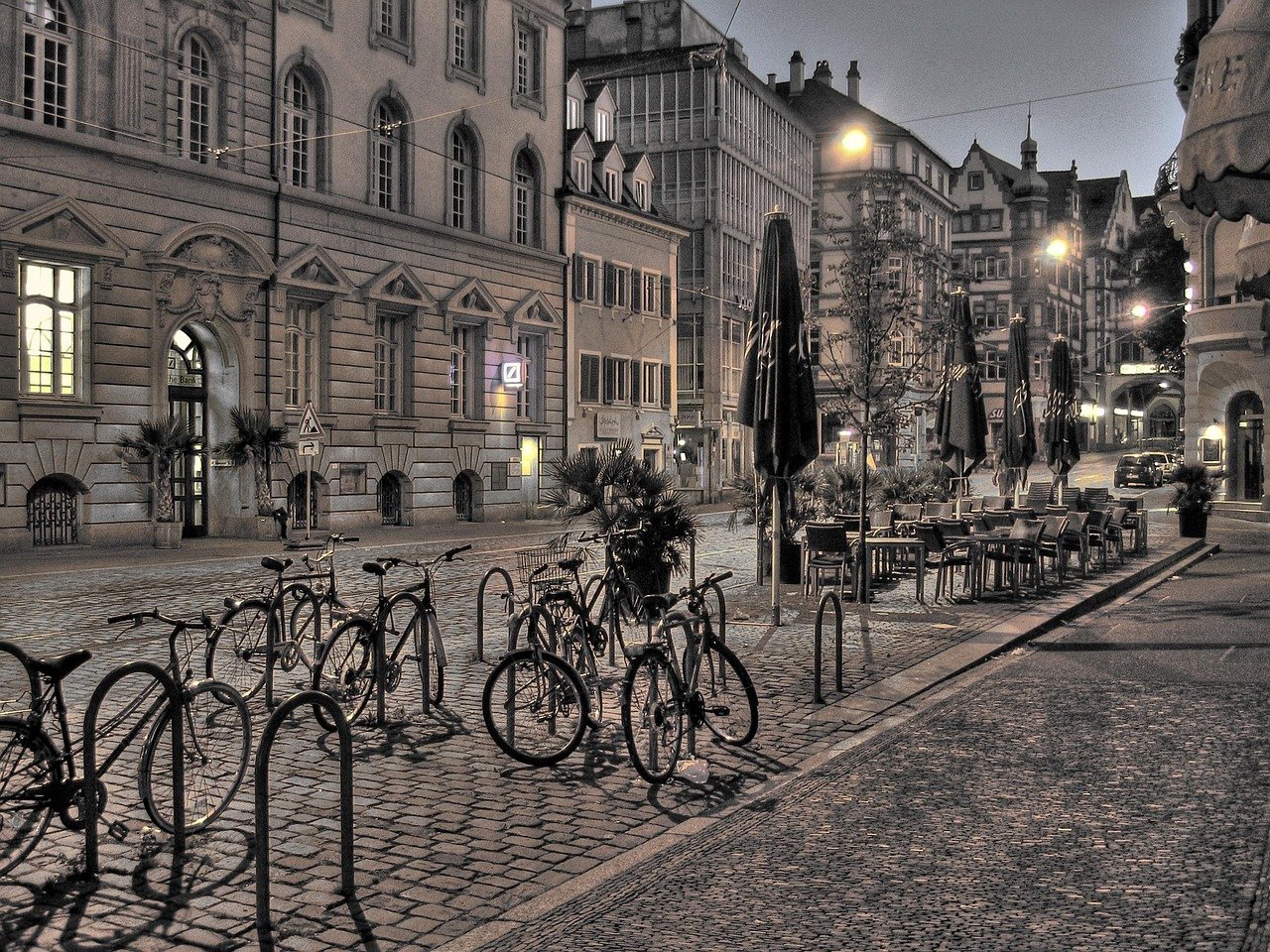 freiburg, city, germany, road, houses, magnificent buildings, cobbled, downtown, cycles, tomorrow, morning hour, lighting, da
