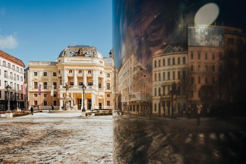 theater, bratislava, old town, reflection, bottle, facade, building, old building, national theater, historic, historical, la