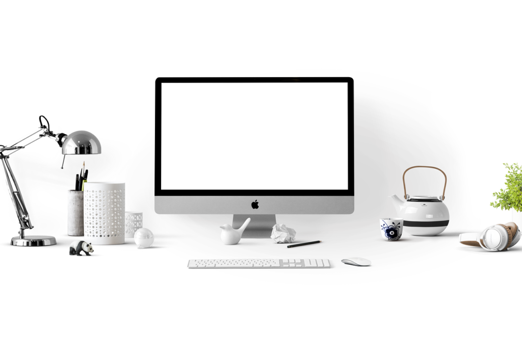 apple, computer, desk, workspace, work place, white, imac, desktop, apple devices, mockup, office, home office, lamp, monitor