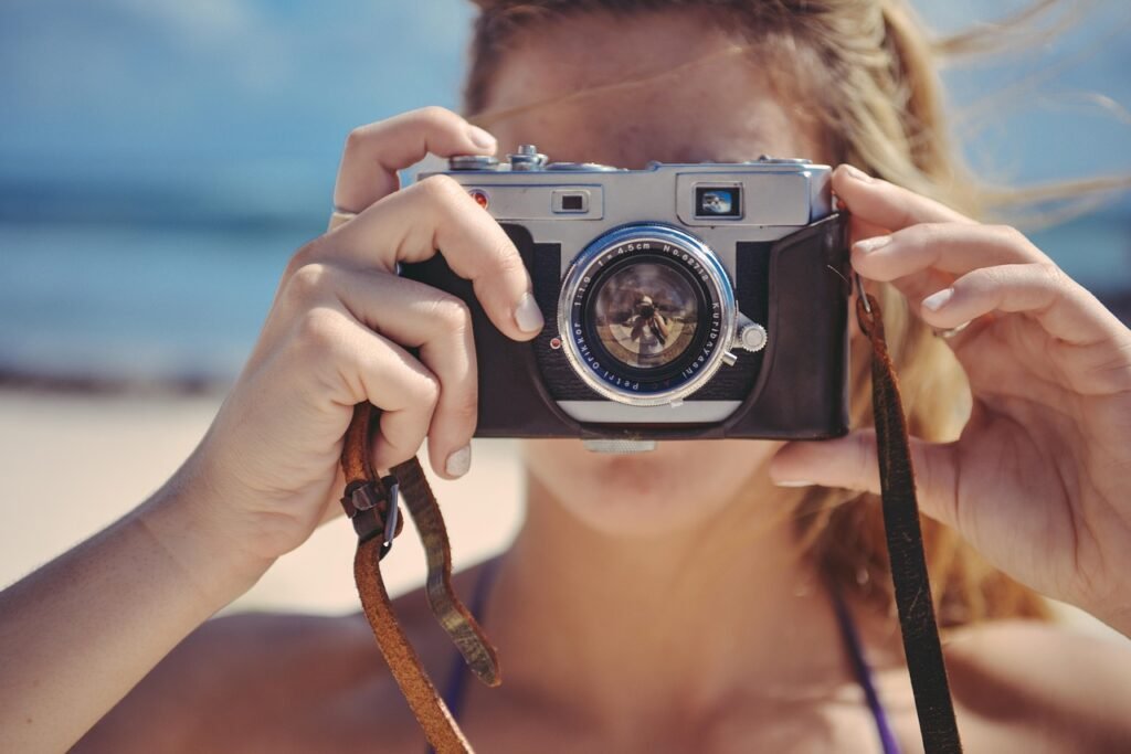 blonde, girl, taking, photo, photography, vintage, camera, lifestyle, picture, retro, photographer, film camera, old camera,
