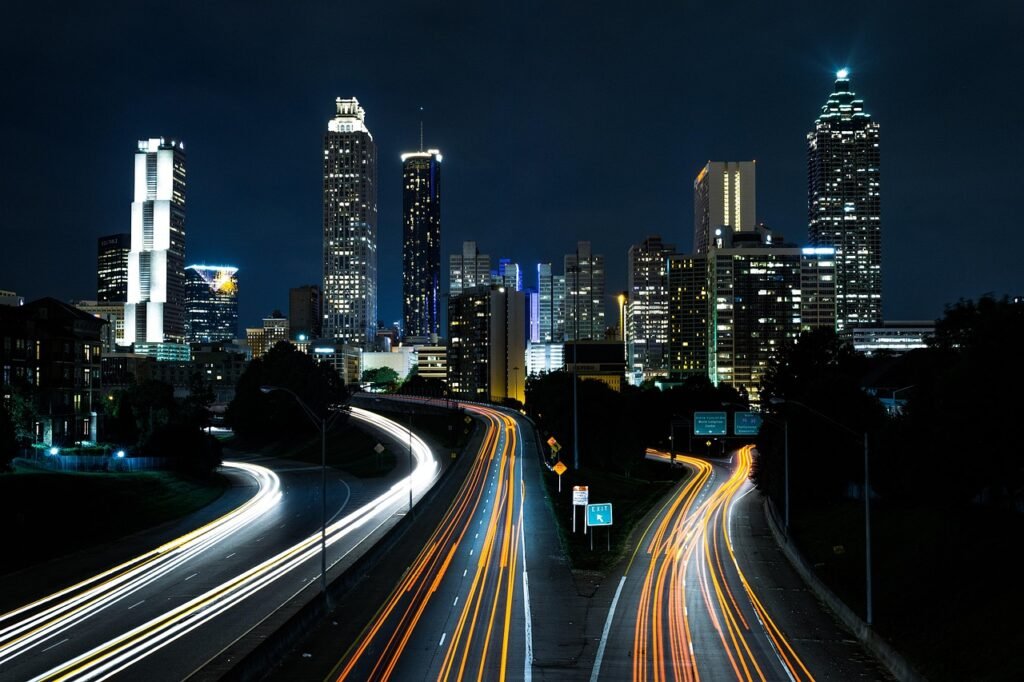 bridge, buildings, city, city lights, cityscape, downtown, evening, expressway, fast, highway, light streaks, night, road, sk