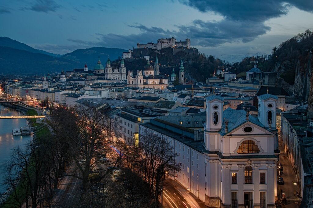 salzburg, city, night, lights, river, church, cathedral, fortress, castle, landmark, hohensalzburg fortress, old town, old ci